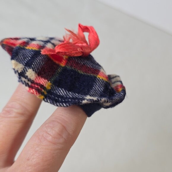 Vintage Doll Hat Beret Plaid Tartan Small Baby Flannel Bow Scottish Accessory - Picture 5 of 9